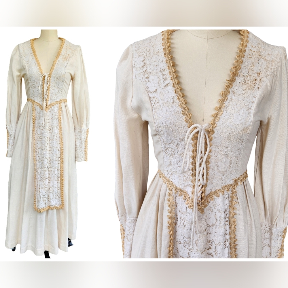 Vintage GUNNE SAX Black Label Burlap Lace Prairie Maxi Dress Victorian S M Rare